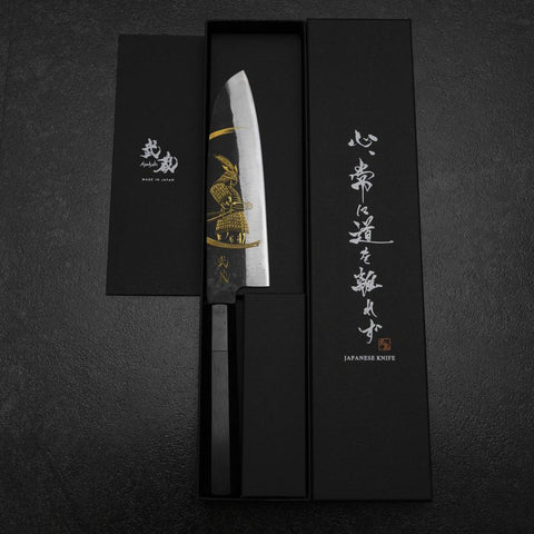 Santoku Blue Steel #2 Kurouchi Chokin Samurai New Moon Buffalo Ebony Handle 165mm (6.5”)-[Musashi]-[Japanese-Kitchen-Knives]
