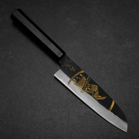 Santoku Blue Steel #2 Kurouchi Chokin Samurai New Moon Buffalo Ebony Handle 165mm (6.5”)-[Musashi]-[Japanese-Kitchen-Knives]