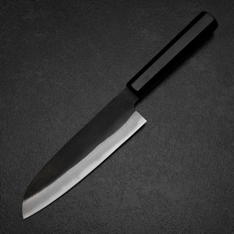 Santoku Blue Steel #2 Kurouchi Chokin Samurai New Moon Buffalo Ebony Handle 165mm-[Musashi]-[Japanese-Kitchen-Knives]