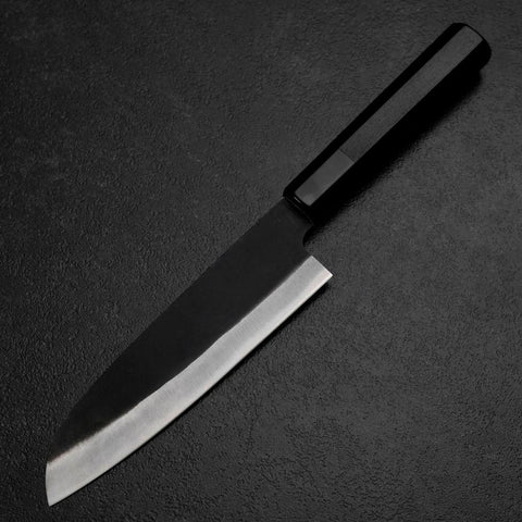 Santoku Blue Steel #2 Kurouchi Chokin Tiger-Bamboo Buffalo Ebony Handle 165mm (6.5”)-[Musashi]-[Japanese-Kitchen-Knives]