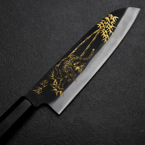 Santoku Blue Steel #2 Kurouchi Chokin Tiger-Bamboo Buffalo Ebony Handle 165mm (6.5”)-[Musashi]-[Japanese-Kitchen-Knives]