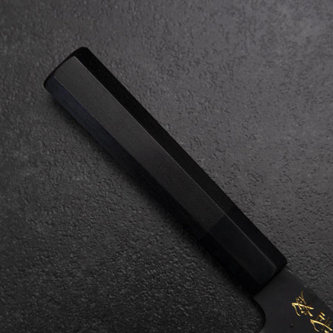 Santoku Blue Steel #2 Kurouchi Chokin Tiger-Bamboo Buffalo Ebony Handle 165mm (6.5”)-[Musashi]-[Japanese-Kitchen-Knives]