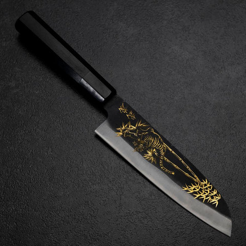 Santoku Blue Steel #2 Kurouchi Chokin Tiger-Bamboo Buffalo Ebony Handle 165mm (6.5”)-[Musashi]-[Japanese-Kitchen-Knives]