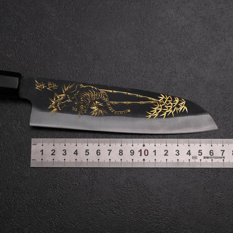 Santoku Blue Steel #2 Kurouchi Chokin Tiger-Bamboo Buffalo Ebony Handle 165mm-[Musashi]-[Japanese-Kitchen-Knives]