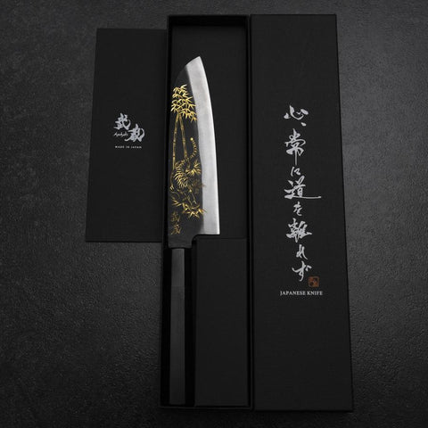 Santoku Blue Steel #2 Kurouchi Chokin Tiger-Bamboo Buffalo Ebony Handle 165mm-[Musashi]-[Japanese-Kitchen-Knives]