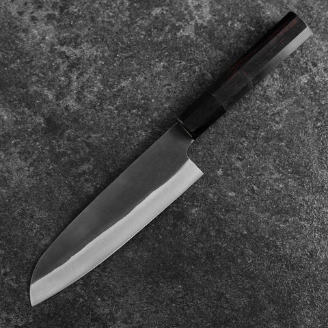 Santoku Blue Steel #2 Kurouchi Chokin Tokyo Tower & Maple Leaves Buffalo Ebony Handle 165mm (6.5")Santoku Blue Steel #2 Kurouchi Chokin Tokyo Tower & Maple Leaves Buffalo Ebony Handle 165mm (6.5")-[Musashi]-[Japanese-Kitchen-Knives]