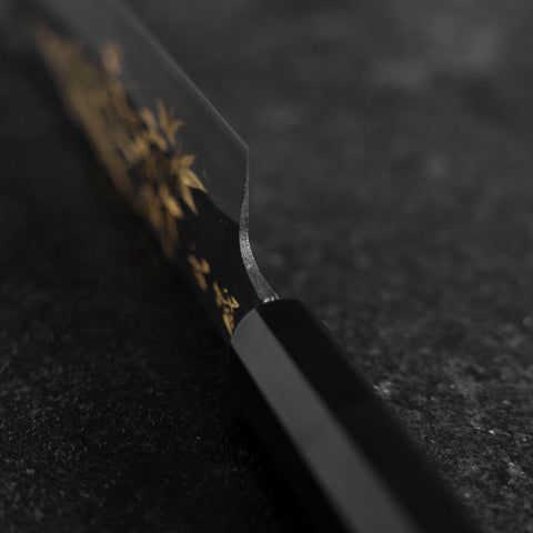 Santoku Blue Steel #2 Kurouchi Chokin Tokyo Tower & Maple Leaves Buffalo Ebony Handle 165mm (6.5")Santoku Blue Steel #2 Kurouchi Chokin Tokyo Tower & Maple Leaves Buffalo Ebony Handle 165mm (6.5")-[Musashi]-[Japanese-Kitchen-Knives]