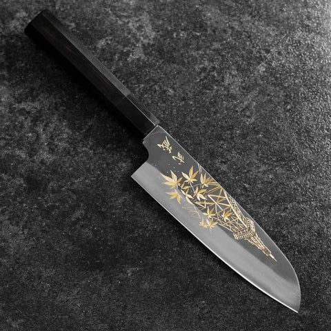 Santoku Blue Steel #2 Kurouchi Chokin Tokyo Tower & Maple Leaves Buffalo Ebony Handle 165mm (6.5")Santoku Blue Steel #2 Kurouchi Chokin Tokyo Tower & Maple Leaves Buffalo Ebony Handle 165mm (6.5")-[Musashi]-[Japanese-Kitchen-Knives]