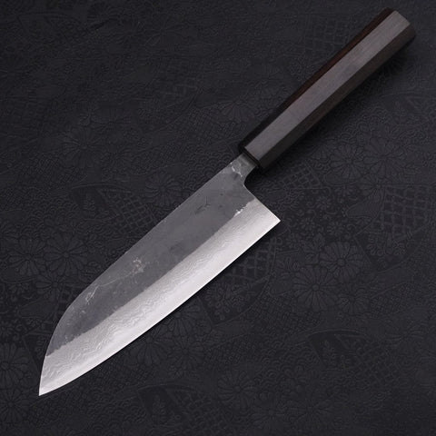 Santoku Blue Steel #2 Kurouchi Damascus Buffalo Ebony Handle 165mm (6.5”)-[Musashi]-[Japanese-Kitchen-Knives]