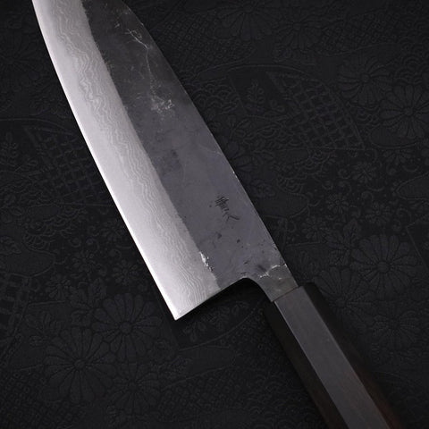 Santoku Blue Steel #2 Kurouchi Damascus Buffalo Ebony Handle 165mm (6.5”)-[Musashi]-[Japanese-Kitchen-Knives]