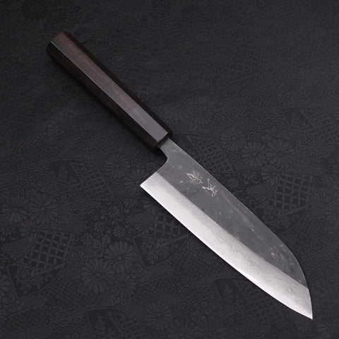 Santoku Blue Steel #2 Kurouchi Damascus Buffalo Ebony Handle 165mm (6.5”)-[Musashi]-[Japanese-Kitchen-Knives]