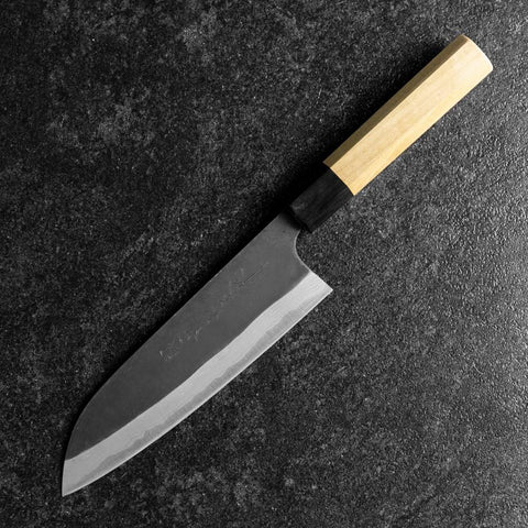 Santoku Blue Steel #2 Kurouchi Damascus Buffalo Magnolia Handle 170mm-[Musashi]-[Japanese-Kitchen-Knives]
