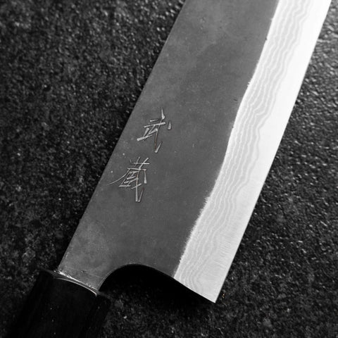Santoku Blue Steel #2 Kurouchi Damascus Buffalo Magnolia Handle 170mm-[Musashi]-[Japanese-Kitchen-Knives]