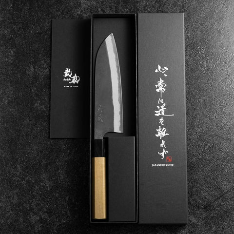 Santoku Blue Steel #2 Kurouchi Damascus Buffalo Magnolia Handle 170mm-[Musashi]-[Japanese-Kitchen-Knives]
