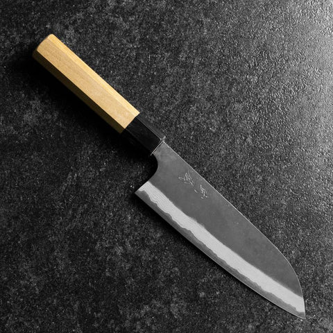 Santoku Blue Steel #2 Kurouchi Damascus Buffalo Magnolia Handle 170mm-[Musashi]-[Japanese-Kitchen-Knives]