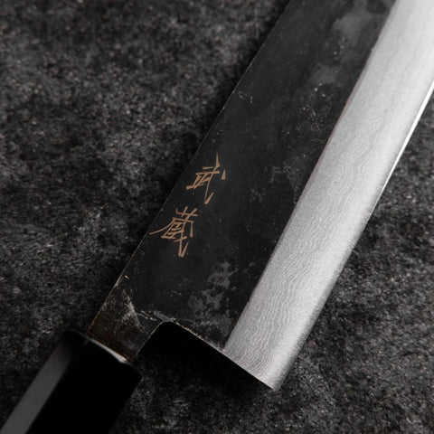 Santoku Blue Steel #2 Kurouchi Damascus Buffalo Walnut Handle 165mm-[Musashi]-[Japanese-Kitchen-Knives]