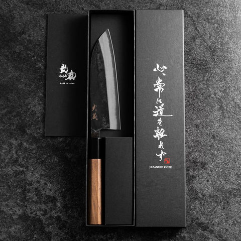 Santoku Blue Steel #2 Kurouchi Damascus Buffalo Walnut Handle 165mm-[Musashi]-[Japanese-Kitchen-Knives]