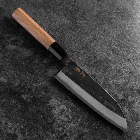 Santoku Blue Steel #2 Kurouchi Damascus Buffalo Walnut Handle 165mm-[Musashi]-[Japanese-Kitchen-Knives]