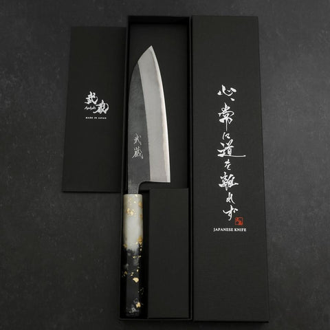 Santoku Blue Steel #2 Kurouchi Ocean Black White Gold Handle 165mm (6.5”)-[Musashi]-[Japanese-Kitchen-Knives]