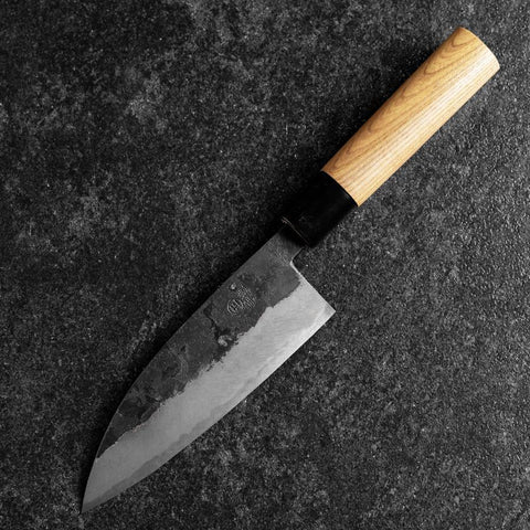 Santoku Blue Steel #2 Kurouchi Zelkova Round Handle 150mm-[Musashi]-[Japanese-Kitchen-Knives]