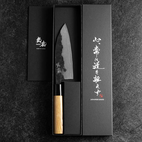 Santoku Blue Steel #2 Kurouchi Zelkova Round Handle 150mm-[Musashi]-[Japanese-Kitchen-Knives]