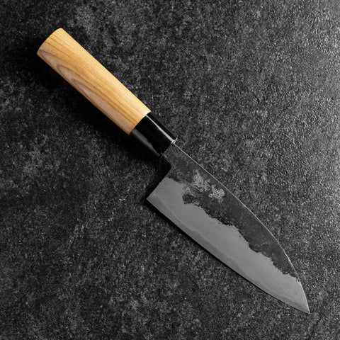 Santoku Blue Steel #2 Kurouchi Zelkova Round Handle 150mm-[Musashi]-[Japanese-Kitchen-Knives]
