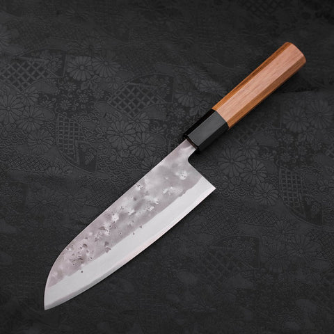 Santoku Blue Steel #2 Nashiji Stainless Clad Buffalo Teak Handle 165mm (6.5”)-[Musashi]-[Japanese-Kitchen-Knives]