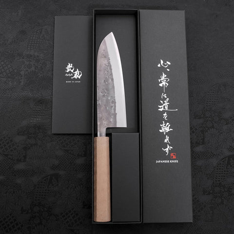 Santoku Blue Steel #2 Nashiji Stainless Clad White Urushi Handle 165mm (6.5”)-[Musashi]-[Japanese-Kitchen-Knives]
