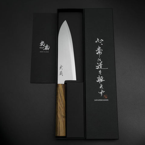 Santoku Blue Steel #2 Polished Olive Handle 170mm (6.7”)-[Musashi]-[Japanese-Kitchen-Knives]