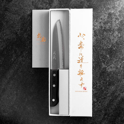 Santoku Blue Steel #2 Polished Western Black Handle 145mm (Tsuba-nashi) (5.7”)-[Musashi]-[Japanese-Kitchen-Knives]