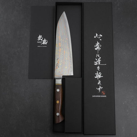 Santoku Blue Steel #2 Stainless Clad Colored Damascus Western Ironwood Handle 180mm (7”)-[Musashi]-[Japanese-Kitchen-Knives]