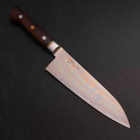 Santoku Blue Steel #2 Stainless Clad Colored Damascus Western Ironwood Handle 180mm (7”)-[Musashi]-[Japanese-Kitchen-Knives]