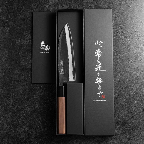 Santoku Blue Steel #2 Stainless Clad Kurouchi Buffalo Walnut Handle 165mm-[Musashi]-[Japanese-Kitchen-Knives]