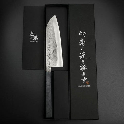 Santoku Blue Steel #2 Stainless Clad Nashiji Dark Blue Urushi Handle 165mm-[Musashi]-[Japanese-Kitchen-Knives]