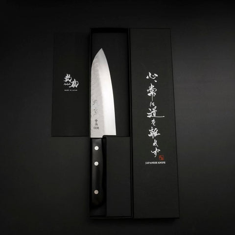 Santoku Blue Steel #2 Stainless Clad Tsuchime Western Handle Black 165mm-[Musashi]-[Japanese-Kitchen-Knives]