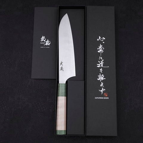 Santoku Blue Super Polished Maple Green Handle 180mm (7”)-[Musashi]-[Japanese-Kitchen-Knives]