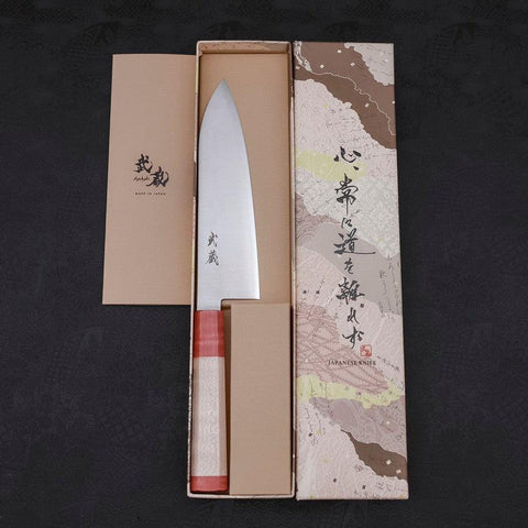 Santoku Blue Super Polished Maple Red Handle 180mm (7”)-[Musashi]-[Japanese-Kitchen-Knives]