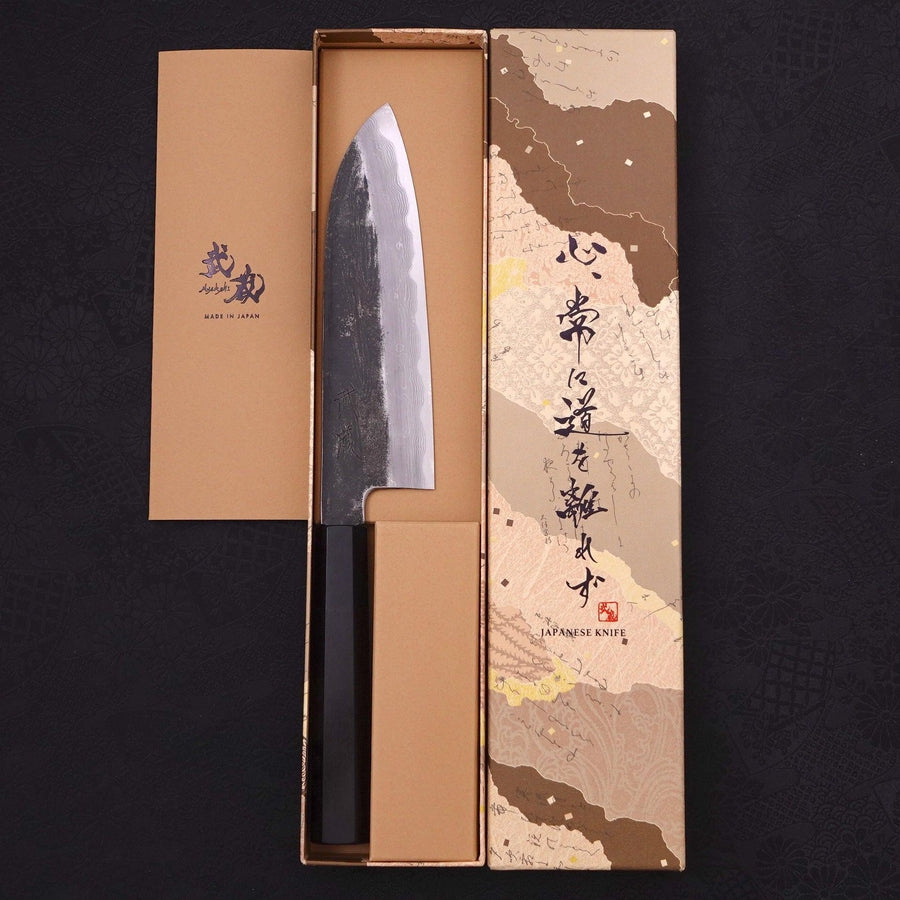 Santoku Blue steel #1 Kurouchi Suminagashi Buffalo Ebony Handle 170mm-Blue steel #1-Damascus-Japanese Handle-[Musashi]-[Japanese-Kitchen-Knives]