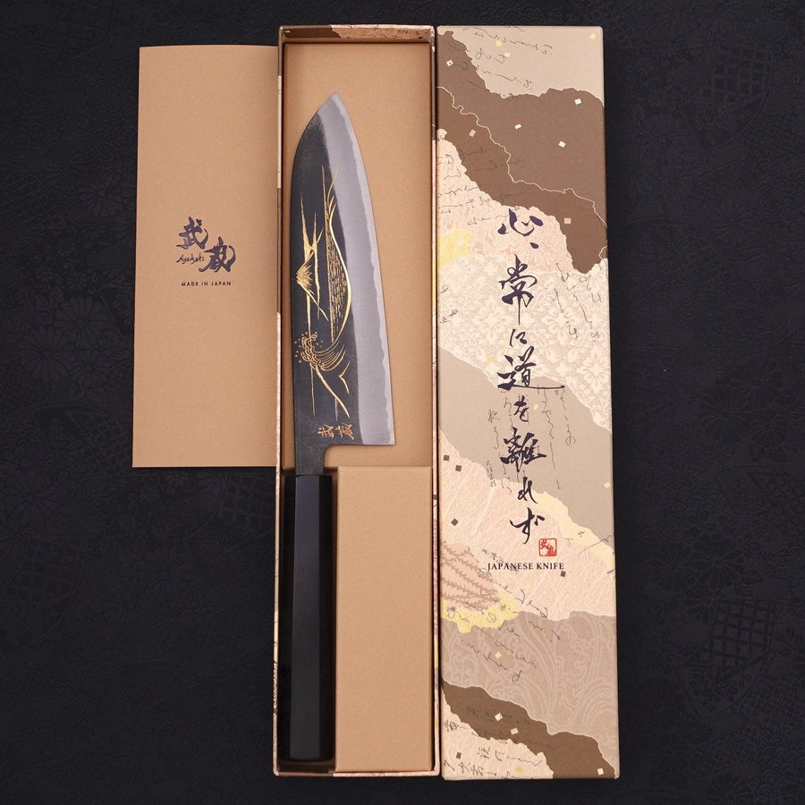 Santoku Blue steel #2 Kurouchi Chokin Nami-Fuji Buffalo Ebony Handle 170mm-Blue steel #2-Kurouchi-Japanese Handle-[Musashi]-[Japanese-Kitchen-Knives]