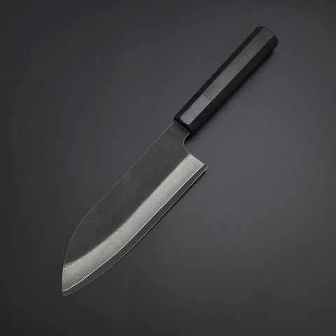 Santoku Cobalt Stainless HRC62 Kurouchi Damascus Buffalo Ebony Handle 165mm (6.5”)-[Musashi]-[Japanese-Kitchen-Knives]