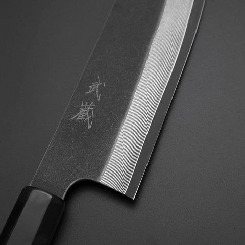 Santoku Cobalt Stainless HRC62 Kurouchi Damascus Buffalo Ebony Handle 165mm (6.5”)-[Musashi]-[Japanese-Kitchen-Knives]