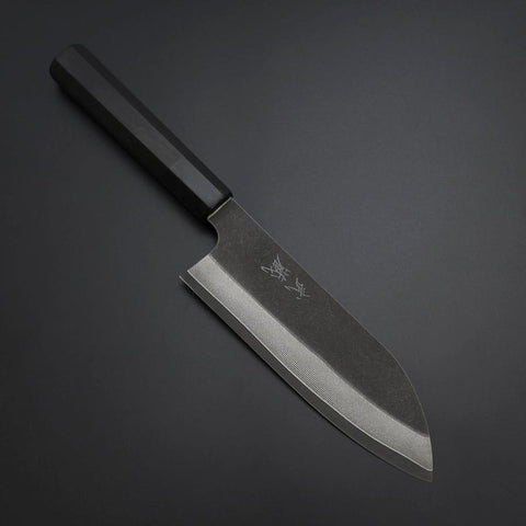 Santoku Cobalt Stainless HRC62 Kurouchi Damascus Buffalo Ebony Handle 165mm (6.5”)-[Musashi]-[Japanese-Kitchen-Knives]