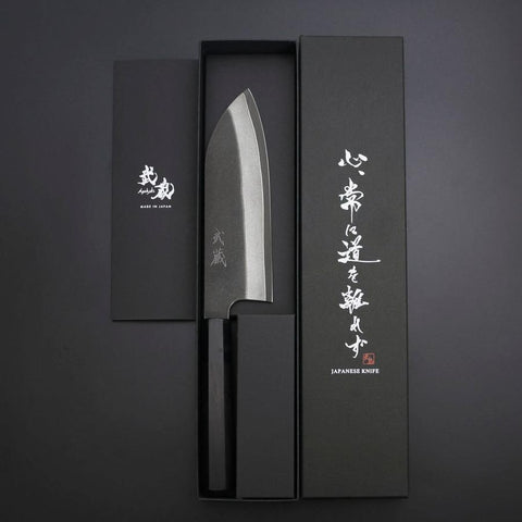 Santoku Cobalt Stainless HRC62 Kurouchi Damascus Buffalo Ebony Handle 165mm-[Musashi]-[Japanese-Kitchen-Knives]