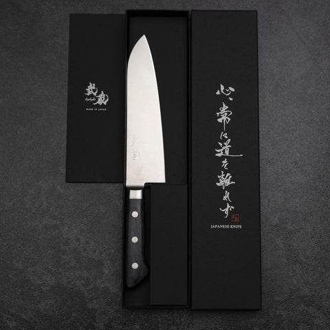 Santoku Molybdenum Polished Western Purple Handle 180mm-[Musashi]-[Japanese-Kitchen-Knives]