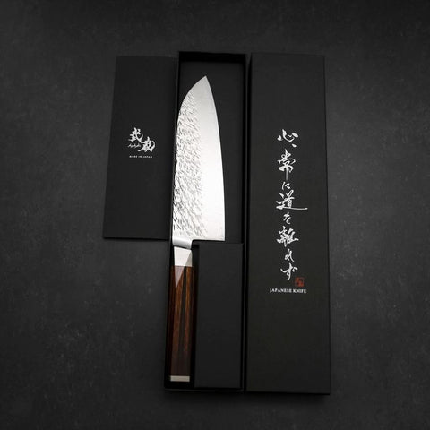 Santoku SG-2 Mirror Tsuchime Damascus Octagonal Mahogany Handle 180mm (7”)-[Musashi]-[Japanese-Kitchen-Knives]