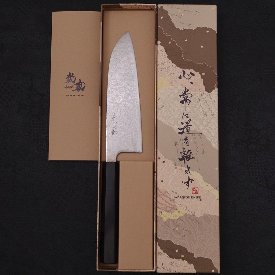 Santoku SKD11 Nickel Damascus Buffalo Ebony Handle 165mm-Damascus-Japanese Handle-[Musashi]-[Japanese-Kitchen-Knives]