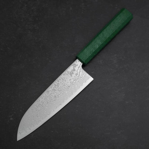 Santoku SLD Wave Nickel Damascus Green Urushi Handle 165mm (6.5”)-[Musashi]-[Japanese-Kitchen-Knives]