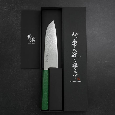 Santoku SLD Wave Nickel Damascus Green Urushi Handle 165mm (6.5”)-[Musashi]-[Japanese-Kitchen-Knives]