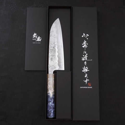Santoku Silver Steel #3 Nashiji Ocean Blue White Handle 165mm (6.5”)-[Musashi]-[Japanese-Kitchen-Knives]