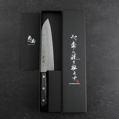 Santoku Silver Steel #3 Nashiji Western Purple Handle 180mm (Tsuba-Nashi) (7”)-[Musashi]-[Japanese-Kitchen-Knives]